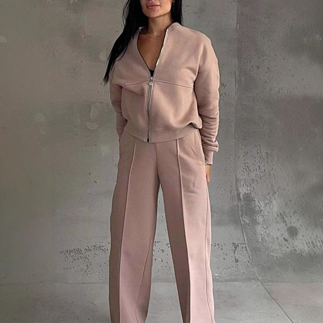 Ensemble deux pièces veste à glissière et pantalon à jambes larges