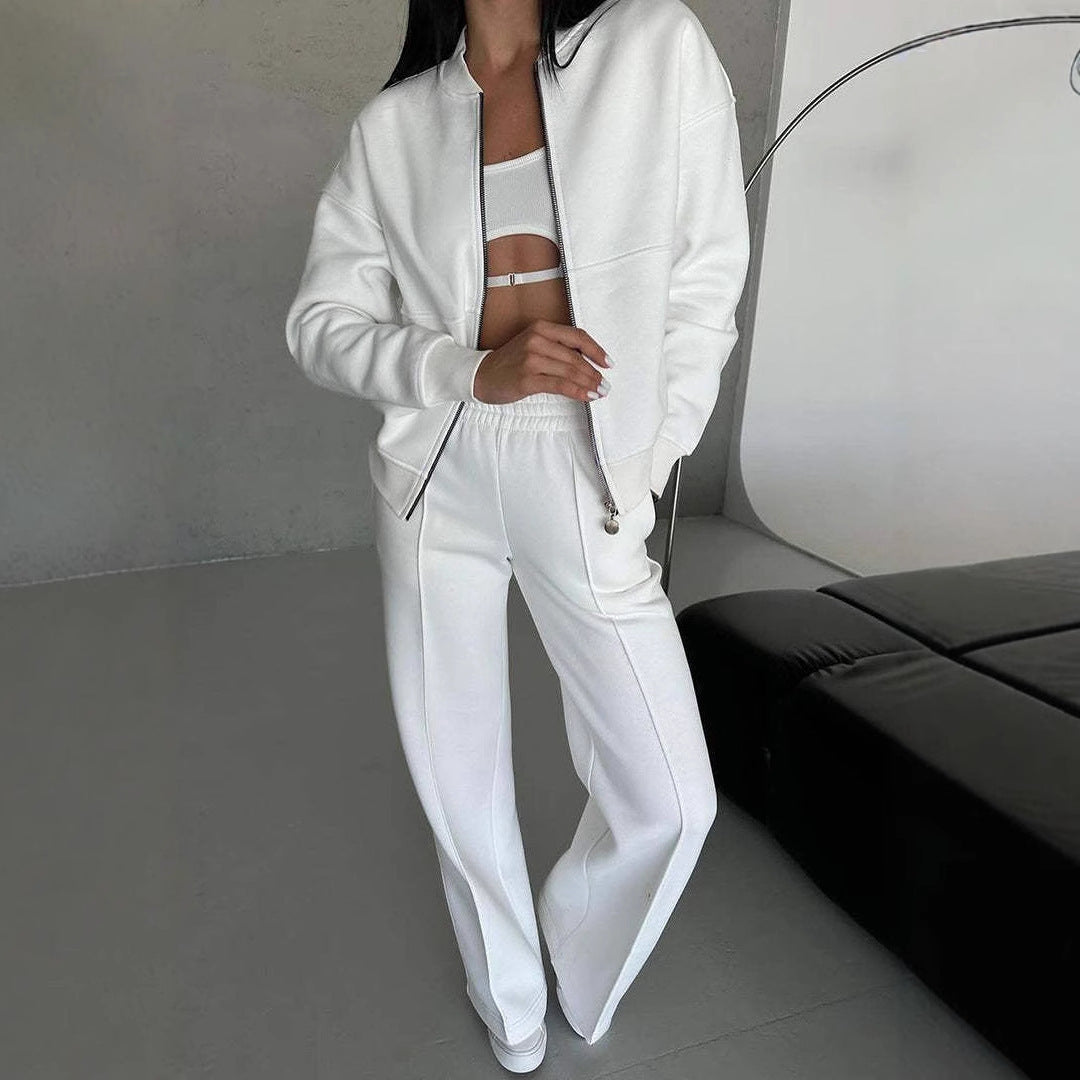 Ensemble deux pièces veste à glissière et pantalon à jambes larges